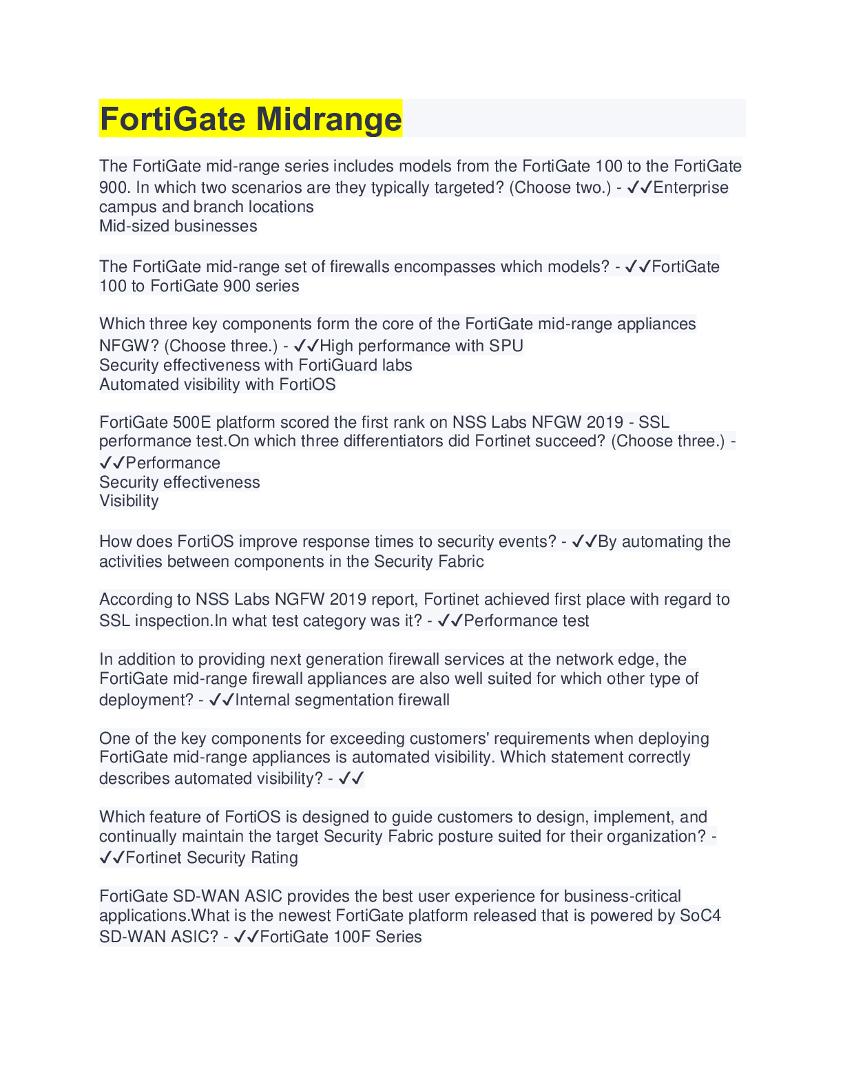 Preview image for FortiGate Midrange Test Questions | 100% Correct Answers